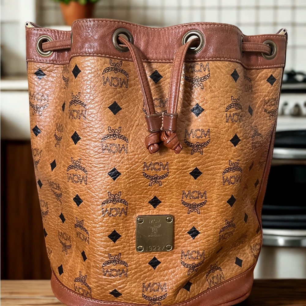 MCM Tan and Brown Monogram Bucket Bag